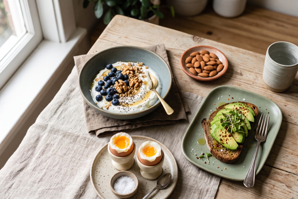 Frühstückstisch mit Joghurt, Beeren, Nüssen und Eiern