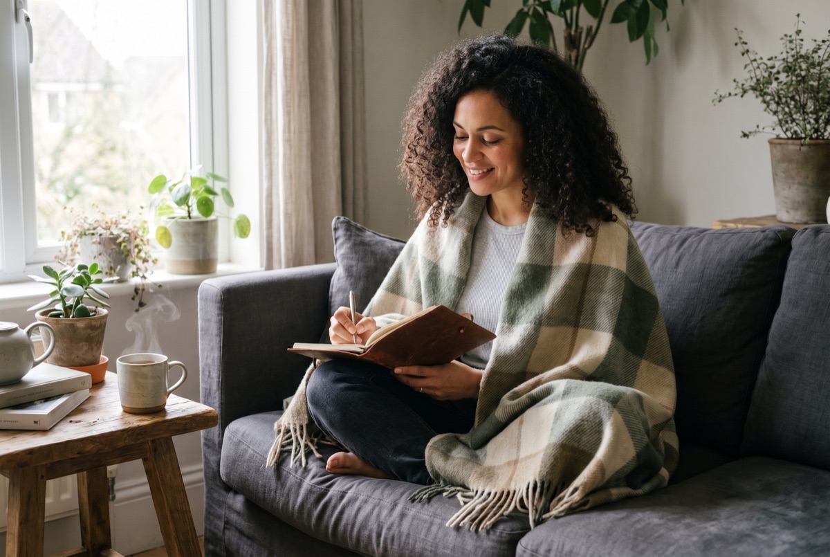 Frau mit Notizbuch und Tee auf dem Sofa, nachmittags