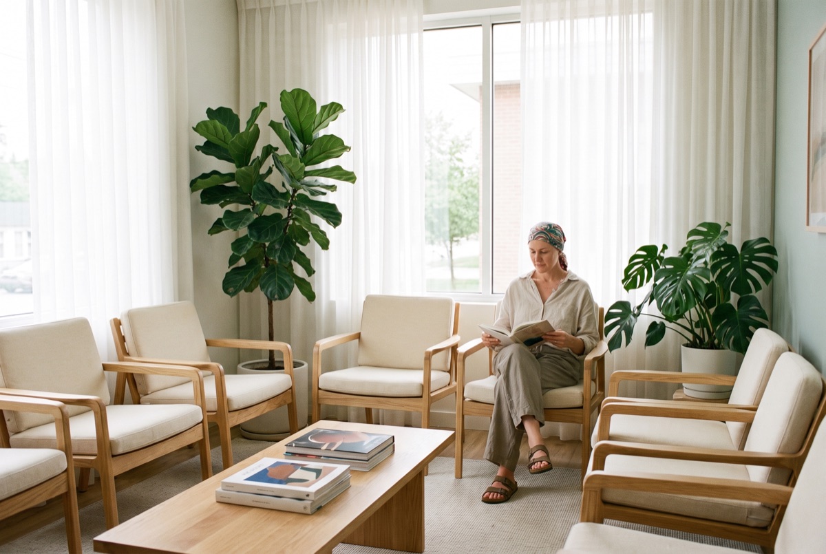 Helles Wartezimmer einer Praxis mit Pflanzen und Zeitschriften